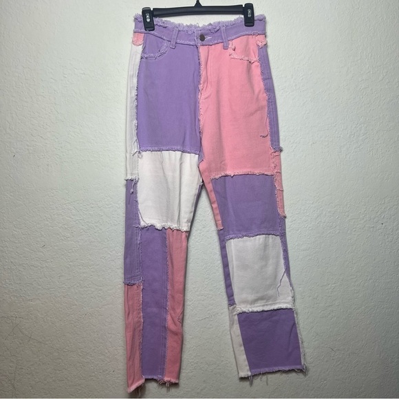 PAODIKUAI Women Patchwork Jeans Raw Hem Denim Pants Slim Bootcut Jean - Picture 2 of 11